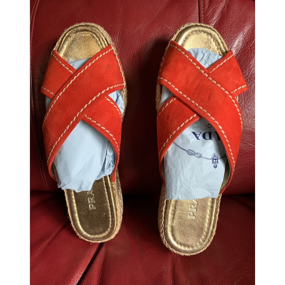 Authentic PRADA Red Espadrille Slide Wedges Sandal Size 8.5